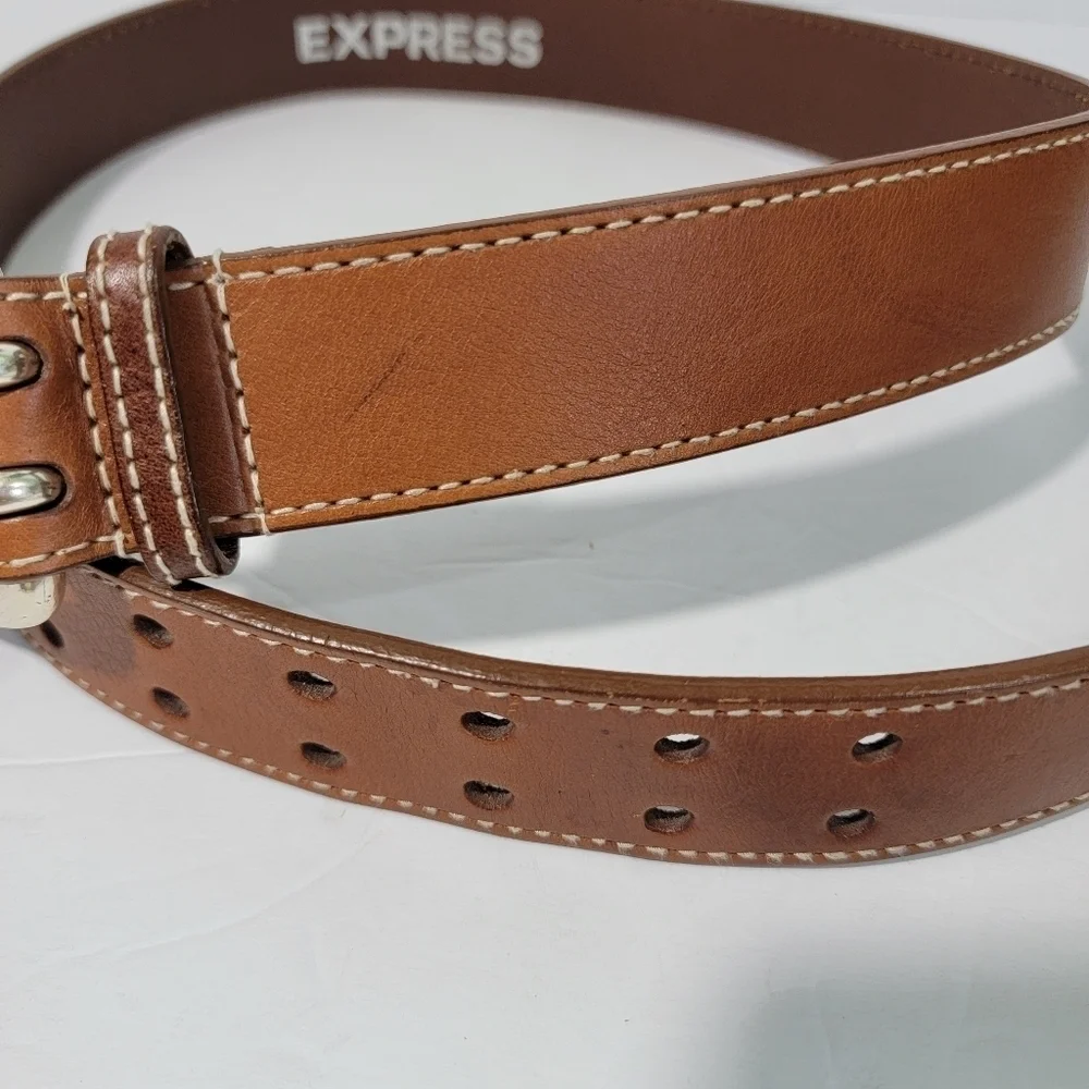 EXPRESS Men's Genuine Leather Belt Brown Size Small (37L, 1.5W) Silver Buckle